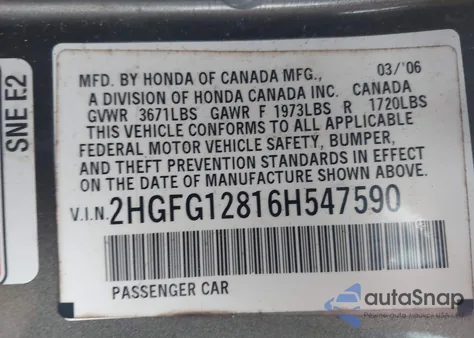 2006 Honda Civic Ex from USA, damaged, VIN 2HGFG12816H547590